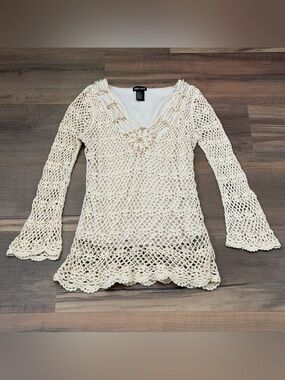 Wet Seal Ivory Boho Beaded Crochet Long Bell Sleeve Top Size Large